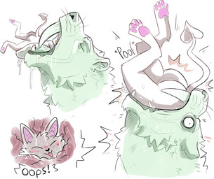 anthro big_fangs bodily_fluids butt closed_smile duo eyes_closed fangs fur green_body green_fur green_tongue grey_body grey_fur male male_anthro mouth_closed nude oral_vore pawpads pink_pawpads pink_tongue saliva saliva_string simple_background size_transformation slim_anthro slim_male smile spade_tail tail teeth tongue tongue_out transformation vore white_background wide_eyed swampjaws swamp_jaws_(imperatorcaesar) felid mammal hi_res