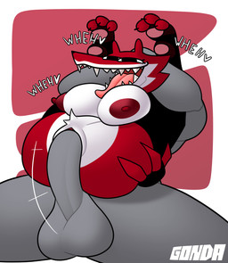 anthro areola balls big_breasts breasts clothing crotch_tuft duo female flexible from_behind_position funny_face fur genitals grey_body heart_symbol legs_behind_head legs_up legwear long_penis male male/female moan nipples penetration penile penile_penetration penis penis_in_vagina red_body red_fur sex teeth tongue tongue_out tuft vaginal vaginal_penetration vulva gonda anon eso_(gonda) canid humanoid hybrid mammal absurd_res hi_res