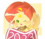 anthro female fur kemono one_eye_closed open_mouth open_smile orange_body orange_fur smile solo wink yellow_body yellow_fur deaic new_year_2023 canid canine fox mammal 2023