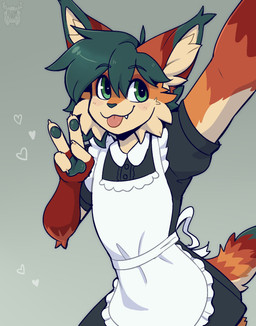4_fingers anthro cheek_tuft claws clothed clothing crossdressing facial_tuft fingers fur gesture green_eyes green_hair green_nose green_pawpads hair hand_gesture heart_symbol high-angle_view inner_ear_fluff looking_up maid_apron maid_uniform male markings multicolored_body multicolored_fur orange_body orange_fur pawpads pink_tongue red_markings selfie short_hair simple_background solo tail tan_body tan_fur tongue tongue_out tuft uniform v_sign fleurfurr ruby_(luckyray) felid feline lynx mammal cel_shading colored colored_sketch digital_drawing_(artwork) digital_media_(artwork) hi_res shaded sketch