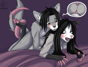 anthro black_body black_eyes black_fur black_hair black_nose duo female fur grey_body grey_fur hair male male/female open_mouth penetration pink_body pink_nose sex vaginal vaginal_penetration white_body white_fur allartskye kia_(allartskye) skye_(allartskye) american_opossum canid canine canis mammal marsupial wolf hi_res