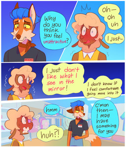 4_panel_comic 5_fingers anthro ascot black_clothing black_shirt black_text black_topwear blue_background blue_bottomwear blue_clothing blue_hair blue_pants blue_speech_bubble blush blush_lines bodily_fluids border bottomwear brown_body brown_ears brown_eyes brown_fur brown_nose cheek_tuft clenched_teeth clothed clothing clothing_rack clothing_store crossdressing crossdressing_male denim denim_bottomwear denim_clothing detailed_background dialogue dipstick_tail dress duo facial_tuft femboy fingers flying_sweatdrops footwear front_view fur gradient_background hair heart_clothing heart_shirt heart_symbol heart_t-shirt heart_topwear high_heels inside jeans looking_at_another looking_away male markings name_tag open_mouth orange_body orange_fur pants pink_clothing pink_footwear pink_high_heels pink_text polka_dot_dress polkadots red_ascot shirt shoes side_view simple_background smile speech_bubble standing store sweat sweatdrop t-shirt tail tail_markings tan_body tan_fur tan_hair teeth text topwear tremble_lines tremble_spikes tuft v-neck white_border yellow_clothing yellow_dress yellow_sclera yellow_speech_bubble heresvix loss connor_(heresvix) dani_(heresvix) bovid canid canine caprine fox mammal sheep 2025 comic english_text hi_res meme trans_(lore) trans_man_(lore)