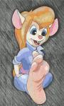 anthro barefoot biped coveralls feet female flexing_toes foot_focus hindpaw paws plantigrade soles solo toe_wiggle toes ivanpost chip_'n_dale_rescue_rangers disney gadget_hackwrench mammal mouse murid murine rodent hi_res traditional_media_(artwork)