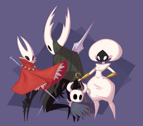 2_horns black_body cloak clothing female grey_cloak grey_clothing group horn jewelry male necklace one_eye_obstructed red_cloak red_clothing simple_background weapon captain_molasses hollow_knight:_silksong hollow_knight_(franchise) team_cherry hollow_knight_(character) hornet_(hollow_knight) lace_(hollow_knight:_silksong) the_knight_(hollow_knight) arthropod humanoid vessel_(species) absurd_res hi_res
