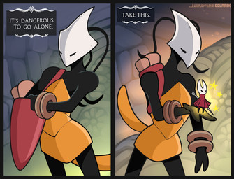 anthro black_body bracelet clothing dress duo female jewelry object_in_hand on_model text thin_legs weapon colarix hollow_knight:_silksong hollow_knight_(franchise) it's_dangerous_to_go_alone team_cherry hornet_(hollow_knight) shakra_(hollow_knight:_silksong) arthropod insect absurd_res english_text hi_res meme