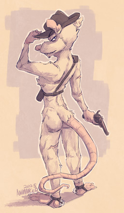 butt clothing cowboy cowboy_hat gun hat headgear headwear nude ranged_weapon scar spurs weapon animancer mammal murid murine rat rodent 2025 hi_res