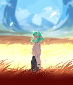 blue_hair blurred_background bottomwear clothed clothing female grass grey_bottomwear grey_clothing grey_pants hair horn humanoid_pointy_ears light_body light_skin mountain mouth_closed not_furry orange_eyes outside pants plant pointy_ears side_view sky solo standing topwear unsigned white_clothing white_topwear corzh77 elf humanoid absurd_res hi_res