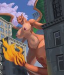 anthro areola barely_visible_genitalia barely_visible_pussy big_breasts breasts building city day female fire genitals looking_at_viewer low-angle_view macro membrane_(anatomy) membranous_wings navel nipples nude open_mouth outdoor_nudity outside pokemorph pussy solo tail teeth wings horlod nintendo pokemon chari-gal charizard generation_1_pokemon pokemon_(species) absurd_res hi_res