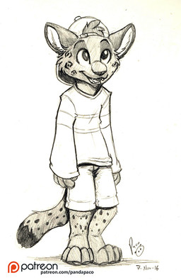 anthro bottomwear clothed clothing dipstick_tail front_view logo looking_up male male_anthro markings open_mouth open_smile shorts smile solo spots spotted_legs spotted_markings spotted_tail tail tail_markings text topwear young young_anthro young_male pandapaco felid mammal 2016 artist_logo dated signature spot_color url