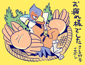 anthro basket belt biped blue_eyes bodily_fluids boots bread clothing container eating food footwear jacket male shoes sitting solo sweat text topwear boshi_(artist) nintendo star_fox falco_lombardi avian bird 2016 japanese_text translated