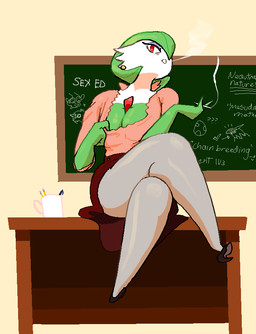 blouse bottomwear breasts chalkboard cigarette classroom cleavage clothed clothing crossed_legs desk eyeshadow featureless_feet feet female footwear furniture high_heels inside legwear looking_at_viewer loose_footwear makeup mature_female not_furry pantyhose red_eyes school shoe_dangle shoes sitting sitting_on_desk skirt smoking solo stockings table text topwear etcexera nintendo pokemon gardevoir generation_3_pokemon pokemon_(species) english_text