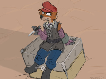 anthro arm_warmers armwear biped boots clothed clothing desert eyewear female footwear fully_clothed goggles knife outside pose shoes sitting solo toony spinater fallout microsoft jay_dweller deer mammal 2017 4:3 pinup