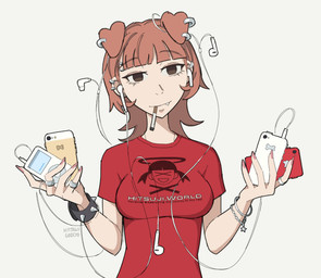 bangs bracelet breasts brown_hair cellphone cigarette cigarette_in_mouth clothing cute_fangs digit_ring ear_piercing ear_ring earbuds electronics fangs female finger_ring hair headphones holding_ipod holding_object holding_phone human_and_animal_ears jewelry listening_to_music multi_ear multiple_ear_piercings multiple_ear_ring object_in_mouth phone piercing portable_music_player red_clothing red_shirt red_topwear ring_piercing shirt simple_background smartphone solo spiked_bracelet spikes t-shirt teeth text text_on_clothing text_on_shirt text_on_topwear topwear white_background hitsujigoods apple_inc. iphone ipod mitsu_inumoto animal_humanoid canid canid_humanoid canine canine_humanoid dog_humanoid humanoid mammal mammal_humanoid 2026 hi_res signature