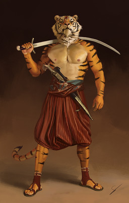 anthro bottomwear clothed clothing dagger ear_piercing ear_ring footwear forehead_gem front_view fur gem holding_melee_weapon holding_object holding_sword holding_weapon looking_at_viewer male melee_weapon neck_tuft nipples orange_body orange_fur pecs piercing plantigrade ring_piercing sandals sash scabbard shoes skirt solo standing stripes sword tail topless topless_anthro topless_male tuft weapon whisker_spots whiskers dandzialf felid mammal pantherine tiger digital_media_(artwork) full-length_portrait hi_res portrait signature