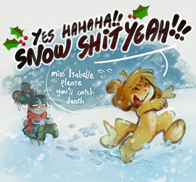 anthro blizzard_(weather) blush bodily_fluids clothing dialogue duo excited female festive frozen genitals hair holly_(plant) ice imminent_hypothermia jacket navel nude plant scarf shaking shivering snow speech_bubble streaking sweat sweatdrop text topwear vulgar vulva worried panken animal_crossing nintendo dotty_(animal_crossing) isabelle_(animal_crossing) canid canine canis domestic_dog lagomorph leporid mammal rabbit shih_tzu toy_dog english_text