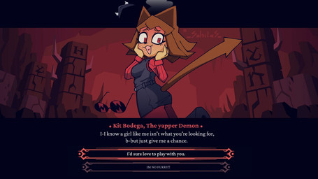 4_fingers :3 alternate_costume anthro bangs belt black_clothing black_miniskirt black_nose black_topwear black_vest blush blush_lines breasts brown_body brown_hair brown_skin brown_tail cave clothing cosplay crossover_cosplay dating_sim dialogue_box dialogue_choice eyelashes eyeliner eyewear fake_horns female fingers flustered furrowed_eyebrows gui hair hand_on_face heart_tongue hell inside long_sleeves looking_at_viewer makeup medium_breasts one_foot_raised open_:3 open_mouth pillar red_clothing red_eyes red_topwear rock short_hair solo space_tail steam stiff_tail stuttering style_emulation sunglasses sweater tail talking_to_viewer text thick_thighs topwear triangle_nose turtleneck underground vest visual_novel_interface whiskers wide_eyed salsitas gameoverse glitch_productions helltaker kit_bodega domestic_cat felid feline felis mammal 2026 absurd_res artist_name cel_shading crossover english_text hi_res letterbox portrait shaded three-quarter_portrait