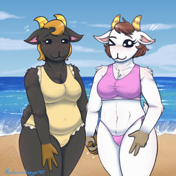 anthro beach big_breasts black_body black_eyes black_fur blush breasts brown_hair cleavage clothed clothing duo eyelashes female freckled_face freckles front_view fur gloves_(marking) hair hand_holding horn looking_at_viewer markings navel nipple_outline one-piece_swimsuit one_eye_closed orange_hair pink_clothing pink_swimwear sea sky striped_horn stripes swimwear thick_thighs two-piece_swimsuit water white_body white_fur wide_hips wink winking_at_viewer yellow_clothing yellow_horn yellow_swimwear nocheeseburger animal_crossing nintendo chevre_(animal_crossing) nan_(animal_crossing) bovid caprine goat mammal