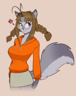 anthro braided_pigtails breasts brown_eyes brown_hair clothing cross-popping_vein eyebrow_through_hair eyebrows eyelashes eyewear female fur glasses grey_body grey_fur hair hoodie inner_ear_fluff round_glasses solo topwear translucent translucent_hair tuft scorpdk canid canine canis mammal wolf 2026 hi_res