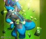 anthro black_body black_fur black_nose black_tail blue_body blue_eyes blue_fur blue_tail bow_(feature) bow_tie clothed clothing dancing fur green_background male money multicolored_body multicolored_fur multicolored_tail navel nipples panties pole pole_dancing ribbons simple_background solo stripper tail tipping two_tone_body two_tone_fur underwear kyubbi-arts zulas canid canine canis mammal wolf watermark