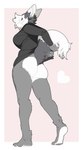 anthro big_breasts big_butt bottomless breasts butt claws clothed clothing female fur grey_body grey_fur hair heart_(marking) heart_symbol hoodie hoodie_only kemono looking_at_viewer markings partially_clothed pawpads paws pink_background presenting presenting_hindquarters raised_tail red_eyes simple_background solo spiky_hair standing tail topwear topwear_only white_body white_fur taracod ena_(taracod) canid canine canis mammal wolf 2023 absurd_res digital_media_(artwork) hi_res