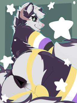 anthro anus arm_warmers armwear backsack balls black_body black_fur butt cheek_tuft clothing curved_horn ear_piercing ear_ring eyewear facial_piercing facial_tuft femboy feminine fluffy fluffy_tail fur genitals glasses green_eyes hair horn jockstrap legwear lgbt_pride looking_back male markings mostly_nude multicolored_body nonbinary_pride_colors nose_piercing nose_ring nude piercing presenting presenting_anus presenting_hindquarters pride_colors puffy_anus ring_piercing scar simple_background smile solo star stockings tail teeth tongue tongue_out tuft two_tone_body underwear wearing_glasses white_body white_fur retrobeastto mythology sydney_(mintstake) canid canid_demon canine demon hellhound hybrid mammal mephitid mythological_canine mythological_creature skunk 3:4 absurd_res digital_drawing_(artwork) digital_media_(artwork) hi_res lineless nonbinary_(lore)