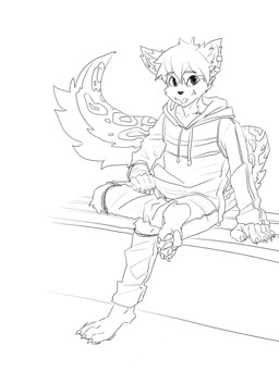 anthro barefoot blep bottomwear closed_smile clothed clothing eyebrow_through_hair eyebrows feet fluffy fluffy_tail fur glistening glistening_eyes hair hoodie looking_at_viewer male markings mouth_closed pants pawpads short_hair simple_background smile solo spots spotted_body spotted_fur tail tongue tongue_out topwear translucent translucent_hair unsigned papayafurry species_request 3:4 full-length_portrait hi_res monochrome portrait