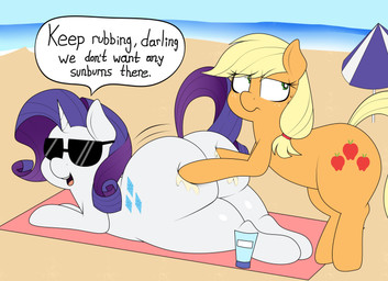 beach big_butt black_eyewear black_sunglasses blonde_hair butt butt_massage cutie_mark detailed_background duo eyelashes eyewear eyewear_only female female/female feral freckled_face freckles hair horn huge_butt long_eyelashes lying motion_lines nude nude_female on_front on_towel orange_body outside pupils purple_hair quadruped smile sunglasses sunglasses_only suntan_lotion tail text towel white_body blitzyflair friendship_is_magic hasbro my_little_pony mythology applejack_(mlp) rarity_(mlp) equid equine mammal mythological_creature mythological_equine unicorn 2022 absurd_res digital_drawing_(artwork) digital_media_(artwork) english_text hi_res