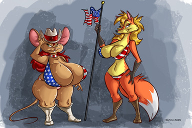american_flag american_flag_bikini anthro big_breasts bikini bikini_bottom bikini_top blonde_hair breasts buckteeth clothing curvy_figure duo female flag_bikini footwear fur green_eyes hair hat headgear headwear huge_breasts markings mole_(marking) mole_on_breast multicolored_body multicolored_fur orange_body orange_fur red_hair swimwear teeth thick_thighs two-piece_swimsuit two_tone_body two_tone_fur united_states_of_america voluptuous wide_hips dutch_(artist) misty_the_mouse maggie_noirveaux_(dutch) misty_(dutch) canid canine fox mammal mouse murid murine rodent 2025 3:2 digital_media_(artwork) hi_res