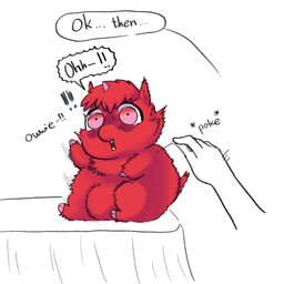 ambiguous_feral ambiguous_gender ambiguous_human baby_talk disembodied_hand duo feral fur furniture horn knitting_needle monotone_body monotone_fur neonate open_mouth overweight overweight_feral pain pained_expression pink_eyes pink_horn red_body red_fur sitting solo_focus stab table tail text young young_ambiguous young_feral yellowcottoncandy030 fluffy_pony fluffy_pony_(species) human mammal 1:1 2025 digital_media_(artwork) english_text hi_res