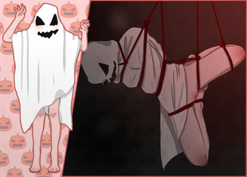 anthro bdsm blush bodily_fluids bondage bound clothed clothing crying female forced genital_fluids genitals holidays looking_at_viewer nude restraints rope rope_bondage rope_harness simple_background solo submissive tears topwear vulva white_body yourumi halloween mieri_(yourumi) ghost lagomorph leporid mammal rabbit spirit digital_media_(artwork) hi_res