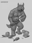 anthro bottle clothed clothing container food looking_at_viewer male solo text topless rinzy mythology patreon canid canine canis mammal mythological_canine mythological_creature werecanid werecanine werecreature werewolf wolf 2019 3:4 english_text greyscale hi_res monochrome signature sketch url