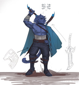 anthro beard black_bottomwear black_clothing black_pants blue_beard blue_body blue_cape blue_clothing blue_facial_hair blue_fur blue_hair bottomwear cape clothed clothing facial_hair front_view fur hair looking_at_viewer male mouth_closed muscular muscular_anthro muscular_male pants pecs red_eyes simple_background solo standing white_background edvardiko final_fantasy final_fantasy_xiv square_enix felid hrothgar mammal absurd_res hi_res