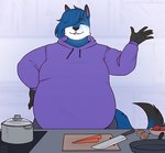 anthro black_body black_bottomwear black_clothing black_fur black_nose black_pants blue_body blue_fur blue_hair bottomwear carrot clothing cooking cooking_pot cookware cutting_board food fruit frying_pan fur hair kitchen_utensils knife long_hair male onion overweight overweight_male pants plant purple_clothing purple_sweater purple_topwear simple_background solo sweater tomato tools topwear vegetable aucherr zero_(foxyguy445) canid canine fox mammal 2024 absurd_res hi_res