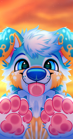 ambiguous_gender anthro blue_body blue_eyes blue_fur blue_nose bodily_fluids evening fur hair happy licking licking_screen looking_at_viewer pawpads pink_pawpads pink_paws pressing_against saliva sky_blue_fur smile solo sunset sunset_background tan_body tan_fur tongue white_body white_fur white_hair kirohusky summer_shore_(kory_the_fox) canid canine canis domestic_dog mammal absurd_res hi_res