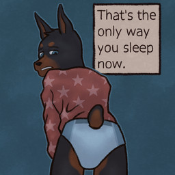 abdl anthro bedwetting bodily_fluids butt clothing dialogue diaper genital_fluids incontinence male pajamas pull-ups_(diaper) punishment solo text urine wetting dogsmoker canid canine canis dobermann domestic_dog mammal pinscher 1:1 english_text
