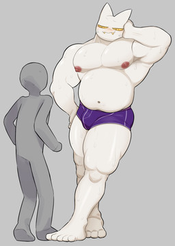 anthro belly big_muscles blush bodily_fluids bottomwear bulge clothed clothing duo faceless_character faceless_male fangs grey_background male muscular muscular_anthro muscular_male navel nipples noseless overweight overweight_anthro overweight_male pecs pointy_ears purple_clothing purple_underwear sharp_teeth simple_background size_difference smile standing sweat teeth topless underwear white_body white_skin yellow_eyes oyasmis miya_(oyasmis) domestic_cat felid feline felis mammal full-length_portrait hi_res portrait