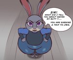 2024 3_toes absurd_res angry anthro armor body_armor clothed clothing disney feet female fur glaring glaring_at_viewer grey_body grey_fur hands_on_hips hi_res judy_hopps lagomorph leporid long_ears mammal mr_dark_and purple_eyes rabbit shirt solo speech_bubble thick_thighs toes topwear wide_hips zootopia