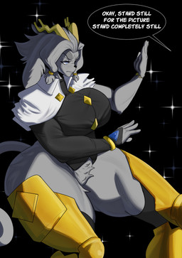 5_fingers accessory antlers armwear big_breasts big_butt black_armwear black_clothing black_gloves black_handwear black_legwear bracelet breasts butt cloak clothed clothing crotch_tuft dialogue eyebrows featureless_crotch female fingerless_gloves fingers gloves grey_eyes grey_hair hair hair_accessory hairband half-closed_eyes handwear horn huge_breasts huge_butt huge_thighs humanoid_hands jewelry legwear narrowed_eyes offscreen_character pantsless pose pupils solo speech_bubble star text thick_eyebrows thick_thighs tight_clothing tuft white_cloak white_clothing yellow_antlers yellow_clothing yellow_legwear nicoguer pseudoregalia sybil_(pseudoregalia) bovid caprine goat mammal 2025 absurd_res english_text hi_res