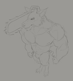 anthro chainsaw cheek_tuft chin_tuft crotch_tuft facial_tuft featureless_crotch high-angle_view male male_anthro mouth_closed muscular muscular_anthro muscular_male narrowed_eyes nude pecs power_tool simple_background solo standing tools tuft aduran canid canine mammal absurd_res hi_res monochrome sketch