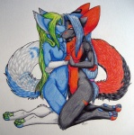 anthro black_body black_fur blue_body blue_eyes blue_fur blue_hair blue_markings blue_pawpads breast_squish breasts breasts_frottage chest_tuft claws duo featureless_breasts female female/female fur gloves_(marking) green_hair green_pawpads grey_background hair half-closed_eyes hand_holding kneeling leg_markings long_hair markings narrowed_eyes navel orange_body orange_fur orange_markings pawpads simple_background smile socks_(marking) squish toe_claws tuft white_background white_body white_fur temrin dawniie_aeonix temrin_(character) canid canine mammal 2011