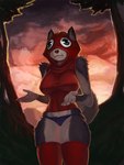 2019 3:4 anthro breasts canid canine canis clothing curtain_doggo_(photonoko) detailed_background domestic_dog female fur general-irrelevant gesture googly_eyes grey_body grey_fur guess_i'll_die halter_top hi_res hoodie humanoid_hands legwear mammal meme outside panties reaction_image shrug sleeveless sleeveless_hoodie solo soul_devouring_eyes squish standing thigh_gap thigh_highs thigh_squish topwear underwear