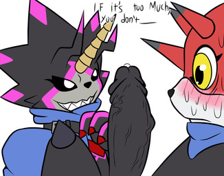 anthro black_body blush duo erection genitals horn male male/male penis red_body scarf sharp_teeth teeth text d_demondragon sveemon bandai_namco digimon betelgammamon digimon_(species) gulusgammamon scalie english_text hi_res