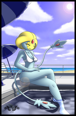 2_tails alternate_species beach beach_umbrella bikini bra breasts chair clothing cloud detailed_background eyes_closed female furniture gem grey_body grey_skin humanoidized lounge_chair multi_tail not_furry outside parasol pokemorph sand seaside shadow sky smile solo sun swimwear tail two-piece_swimsuit umbrella underwear water yellow_body yellow_skin latiar nintendo pokemon generation_4_pokemon humanoid legendary_pokemon pokemon_(species) uxie digital_media_(artwork) hi_res