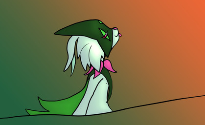 anthro breasts female flirting fur green_body green_fur mask small_breasts solo standing tongue tongue_out derpsickle nintendo pokemon generation_9_pokemon meowscarada pokemon_(species) hi_res