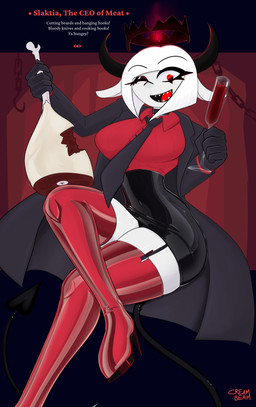 anthro bottomwear cleaver_(knife) clothing collar container cup cutlery drinking_glass female glass glass_container glass_cup horn kitchen_knife kitchen_utensils knife latex latex_bottomwear latex_clothing latex_legwear latex_skirt legwear makeup meat_on_bone skirt small_waist solo spade_tail tail text thick_thighs tools wide_hips wine_glass creambeam helltaker slaktia_(creambeam) bovid caprine goat mammal absurd_res english_text hi_res