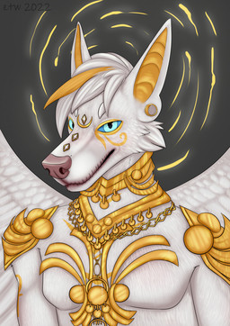 anthro armor blue_eyes blue_sclera cheek_tuft ear_piercing facial_tuft feathered_wings feathers fur fur_markings gauged_ear gift gold_(metal) gold_accessory gold_jewelry gold_necklace hair halo jewelry looking_forward male markings multicolored_hair necklace orange_hair piercing simuran solo spaulder tuft two_tone_hair white_body white_feathers white_fur white_hair white_wings wings yellow_markings zhekathewolf canid canine mammal 2022 dated half-length_portrait hi_res portrait signature