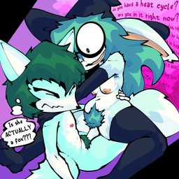 3_toes 4_fingers anthro anthro_on_anthro anthro_penetrated anthro_penetrating anthro_penetrating_anthro areola arm_around_waist armpit_hair armwear black_nose blue_armpit_hair blue_body blue_clothing blue_fur blue_gloves blue_hair blue_handwear blue_hat blue_headwear blue_legwear blue_pubes blue_stockings body_hair breasts clothing confusion cowgirl_position dialogue duo elbow_gloves eyes_always_closed eyes_closed eyewear feet female female_on_top fingers fluffy fluffy_tail from_front_position fur glasses gloves green_hair green_pubes hair hands_on_shoulders handwear hat headgear headwear legwear long_hair male male/female male_on_bottom medium_breasts messy_hair navel nervous on_bottom on_top open_mouth penetration penile penile_penetration penis_in_vagina pink_areola pink_nose pubes scribble_eyes sex slightly_chubby snout stockings tail text thought_bubble toes vaginal vaginal_penetration wearing_glasses white_body white_fur witch_hat cheesycoke agatha_(cheesycoke) avon_(unsureumbra) canid canine fox mammal 1:1 absurd_res english_text hi_res