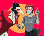 anthro arm_hair black_body black_hair blush body_hair chest_hair clothing duo eyebrows hair hat headgear headwear male mask necktie suit mrdu3 ratwork deltarune undertale_(series) fan_character avian bird human mammal swatchling 6:5 absurd_res hi_res signature