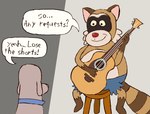 acoustic_guitar anthro bottomwear clothing dialogue duo guitar male musical_instrument plucked_string_instrument shorts simple_background sitting slightly_chubby smile string_instrument text kind_and_fair lose_the_shorts robot_dreams dog_(robot_dreams) rascal_(robot_dreams) canid canine canis domestic_dog mammal procyonid raccoon 2024 english_text hi_res meme