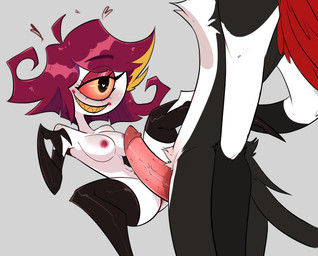 anthro black_body black_fur blush breasts duo erection faceless_character faceless_male fangs female fluffy fluffy_tail fur genitals hair humanoid_on_anthro interspecies larger_male looking_pleasured male male/female multicolored_body multicolored_fur nipples nude penis red_hair simple_background size_difference smaller_female smile tail teeth two_tone_body two_tone_fur vein veiny_penis white_body white_fur wings whiteartblood hazbin_hotel hellaverse husk_(hazbin_hotel) niffty_(hazbin_hotel) cyclops demon demon_humanoid domestic_cat felid feline felis humanoid mammal hi_res